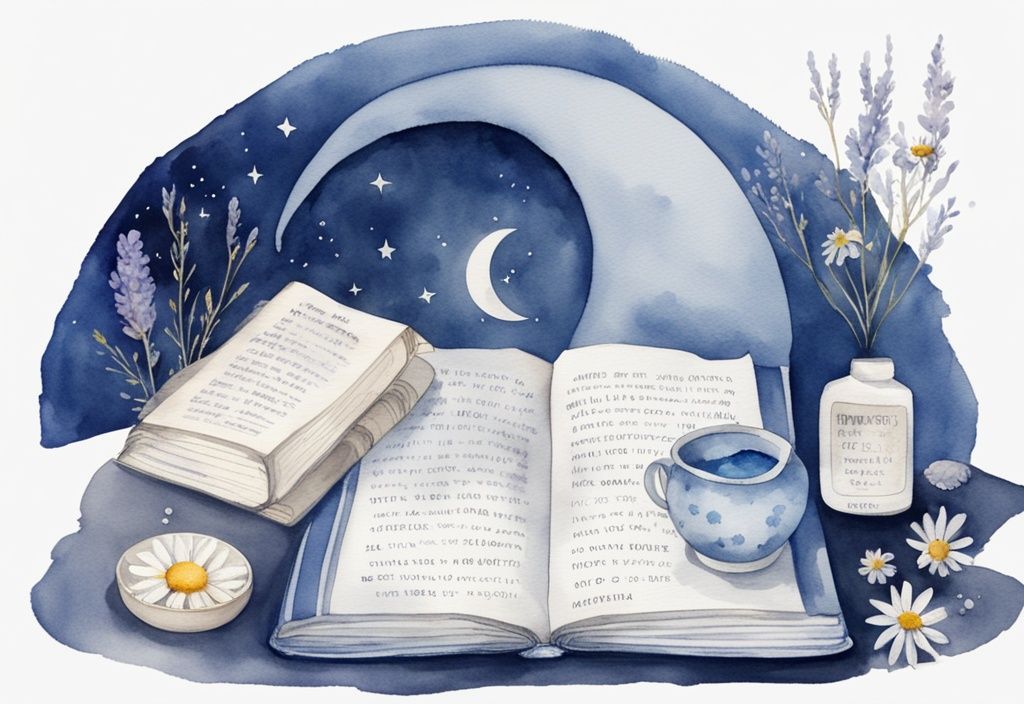 Ilustración moderna en acuarela con tema azul que muestra remedios naturales para dormir como té de manzanilla, aceite esencial de lavanda, un libro y una habitación oscura decorada con luna y estrellas, ideal para quienes buscan qué tomar para dormir natural.