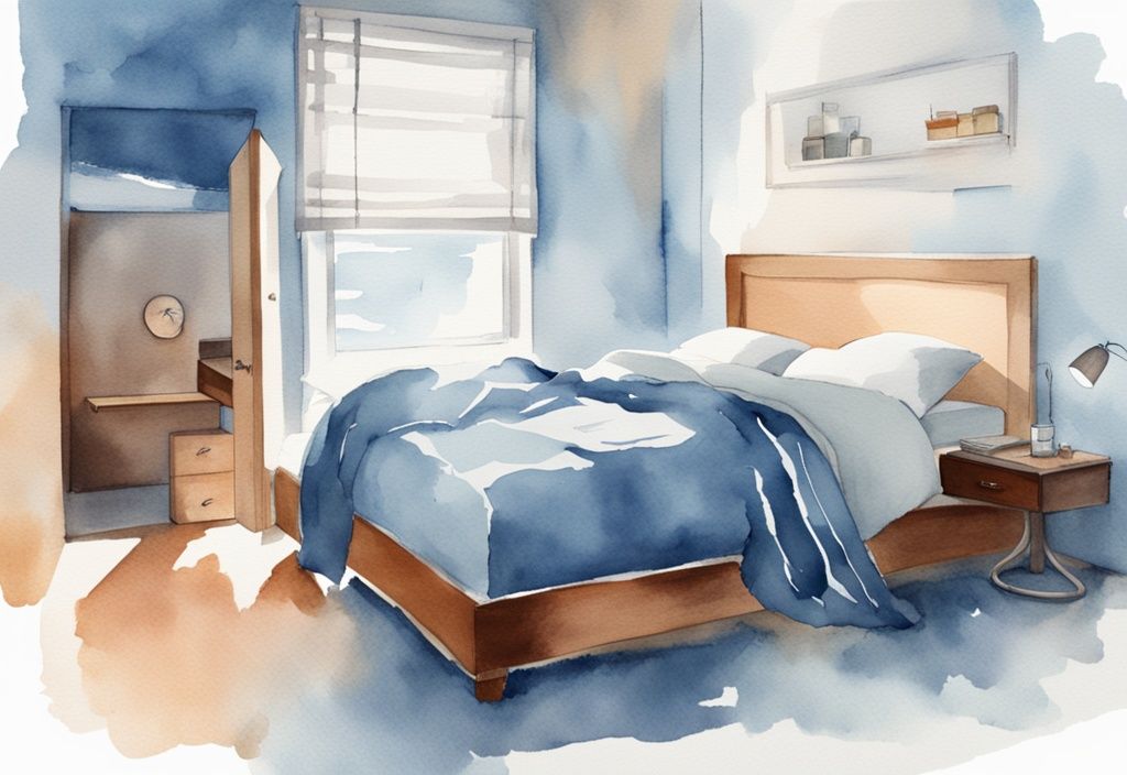 Ilustración moderna en acuarela de un dormitorio tranquilo en tonos azules con un termostato mostrando 65 grados y una persona durmiendo plácidamente.