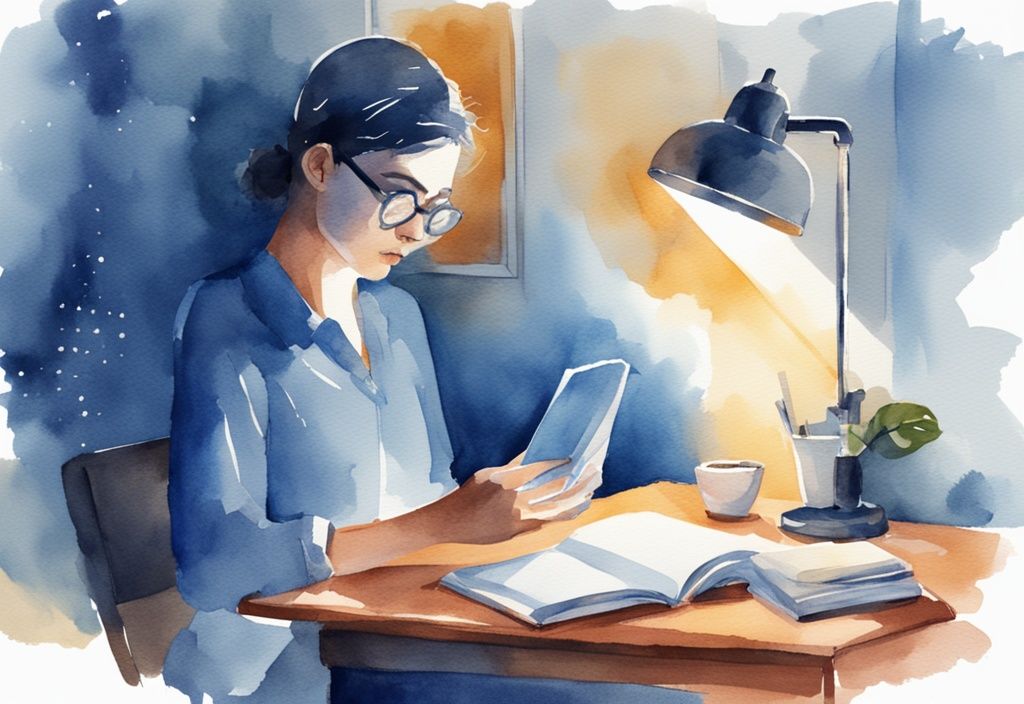 Ilustración moderna en acuarela de una persona en un escritorio con una lámpara brillante, leyendo un libro, bebiendo café y haciendo ejercicios para mantenerse despierto, qué hacer para no dormir.