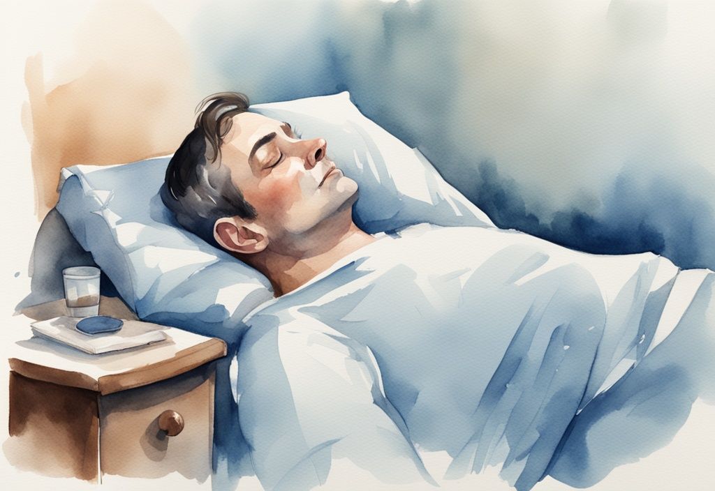 Ilustración moderna en acuarela de un hombre descansando con un collarín especializado para el latigazo cervical en una cama cómoda, color azul.