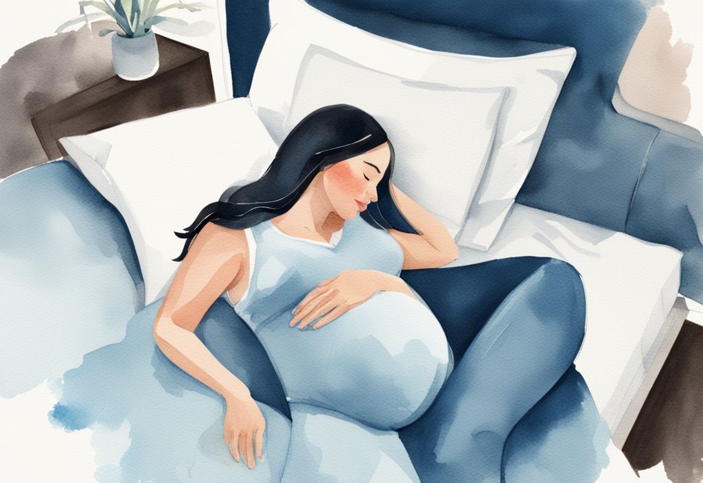 Ilustración moderna en acuarela de una mujer embarazada descansando cómodamente en una cama con almohadas de embarazo apoyando su vientre, espalda y rodillas, tema principal en color azul.