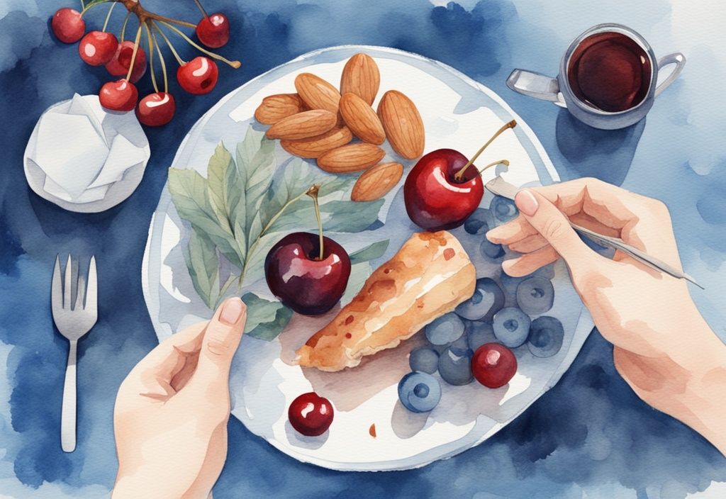 Ilustración moderna en acuarela en tonos azules de una persona disfrutando de una cena tranquila con cerezas, almendras, pavo y té de hierbas, alimentos recomendados sobre qué cenar para dormir bien.