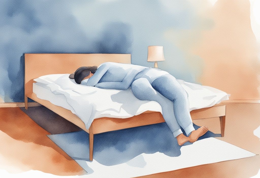 Ilustración moderna en acuarela de una persona durmiendo en la posición recomendada para la ciática, mostrando la alineación adecuada de la columna y las piernas en una cama cómoda, cómo dormir con ciática.