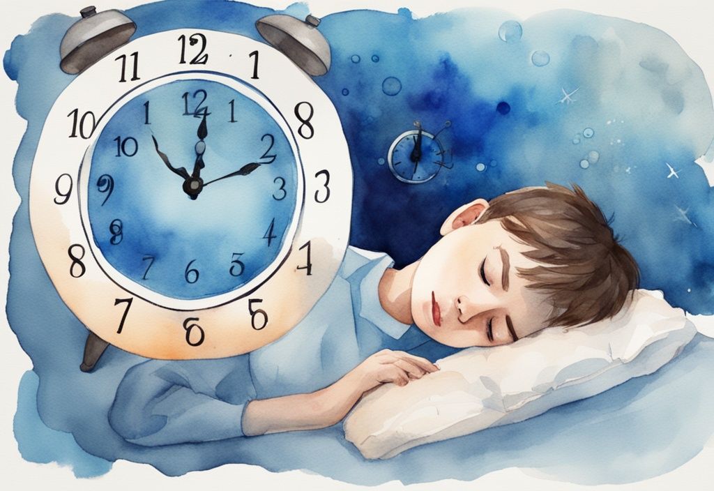 Ilustración moderna en acuarela de un niño de 12 años durmiendo, con un tema principal en azul y una burbuja de sueño mostrando un reloj con 9 horas.