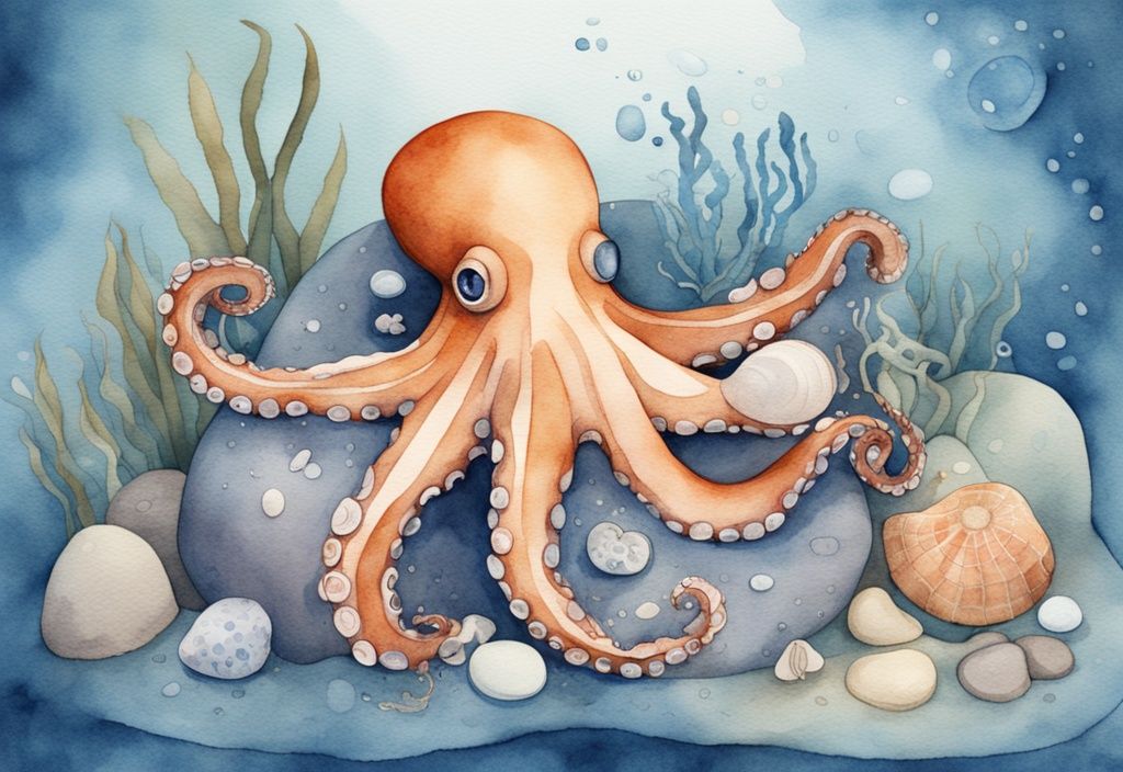 Ilustración moderna en acuarela de un pulpo azul acomodando una concha, una estrella de mar y un guijarro en su nido submarino, lo que toma el pulpo para dormir.