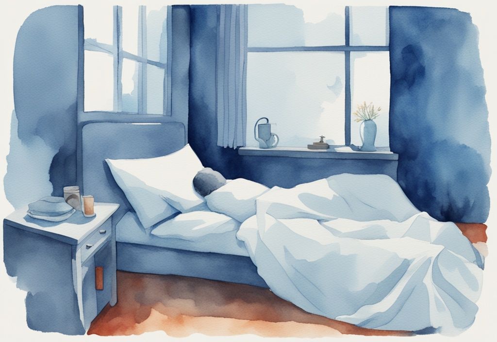 Ilustración moderna en acuarela de una persona en la cama, sobresaltándose mientras duerme, con un tema de color azul.