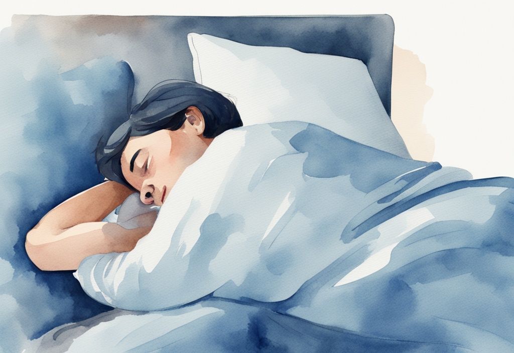 Ilustración moderna en acuarela de una persona aliviada tras ajustar su posición de sueño con una almohada especializada para el cuello, en tonos azules.