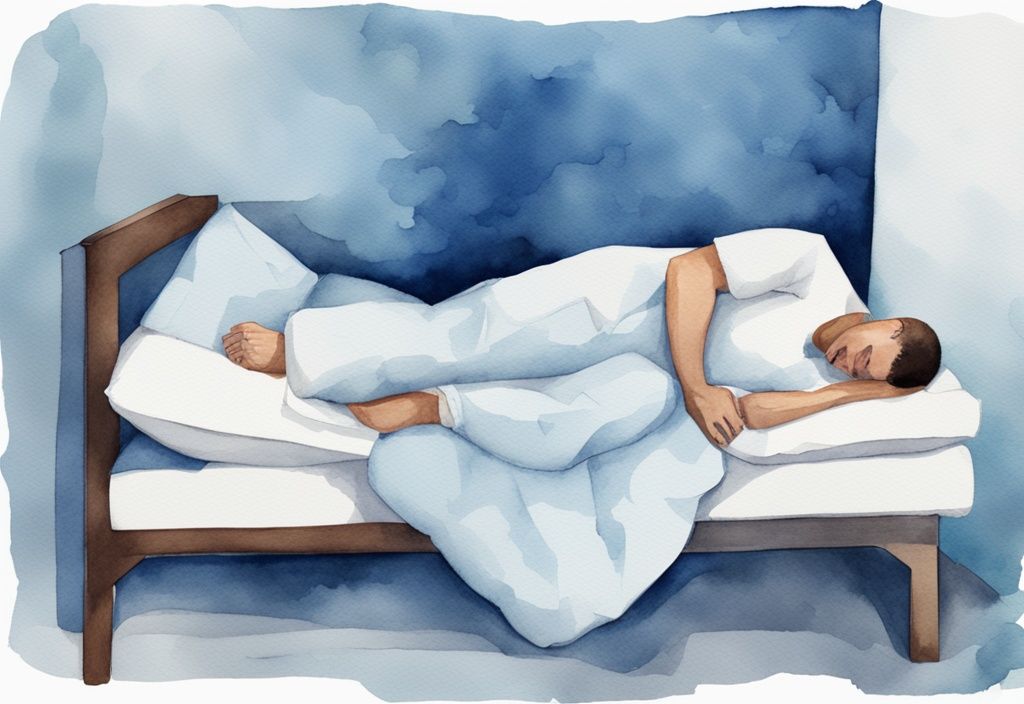 Ilustración moderna en acuarela de una persona durmiendo en posición vertical con almohadas adicionales, ideal para después de un trasplante de cabello.