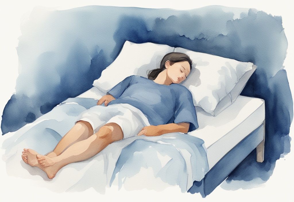 Ilustración moderna en acuarela de una persona con una abrazadera en la pierna durmiendo en una cama especialmente arreglada para proporcionar comodidad y apoyo óptimo para la tendinitis del pie de ganso.