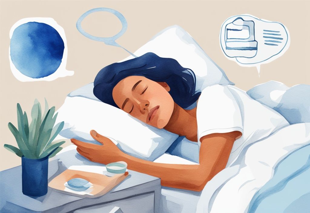 Ilustración de acuarela moderna de una persona durmiendo con un protector nocturno dental y un gráfico explicativo de la posición de las mandíbulas.