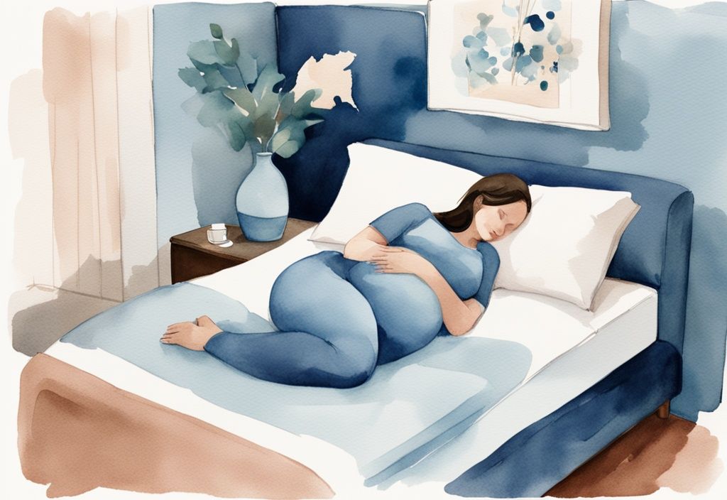 Ilustración moderna en acuarela de una mujer embarazada durmiendo cómodamente de lado con almohadas de apoyo entre las rodillas, bajo el vientre y detrás de la espalda. Cómo dormir embarazada.