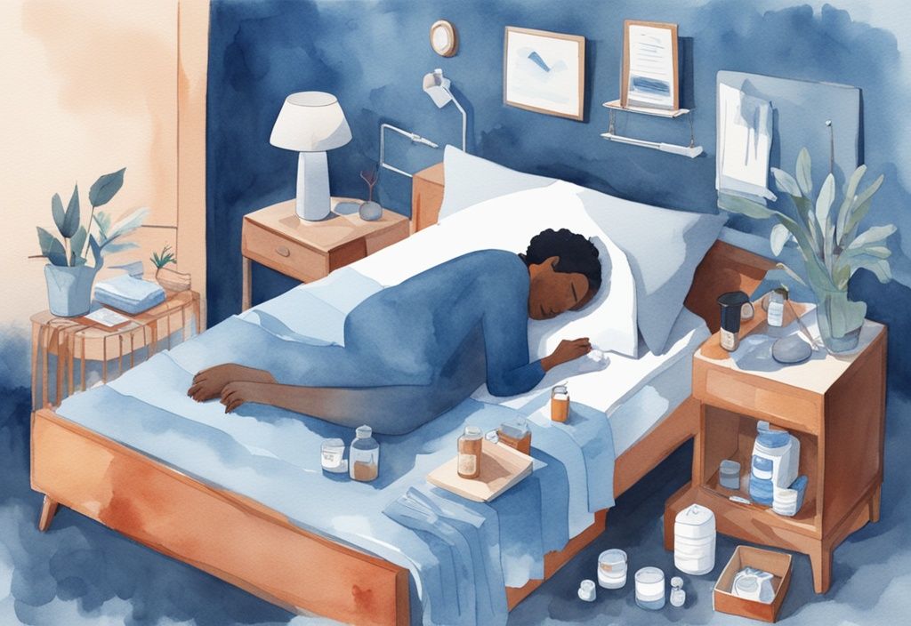 Ilustración moderna en acuarela de una persona durmiendo en una cama, rodeada de un humidificador, un vaso de agua y una caja de pañuelos, representando consejos para dormir con tos.