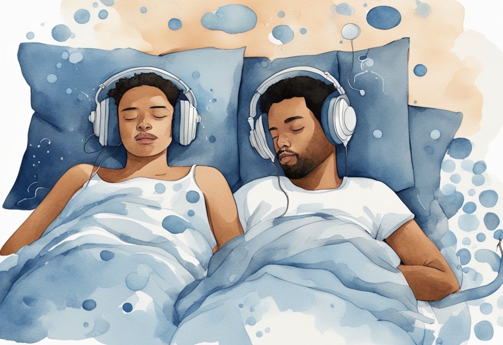 Ilustración moderna en acuarela de una pareja en la cama, uno durmiendo con auriculares de cancelación de ruido y el otro roncando con burbujas de sonido visibles, tema principal azul.