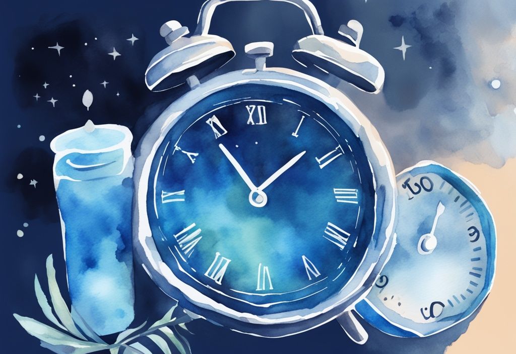 Ilustración moderna en acuarela con tema nocturno en azul, mostrando un frasco de suplementos de magnesio y un reloj digital con la hora designada para dormir, ideal para la consulta sobre a qué hora tomar magnesio para dormir.