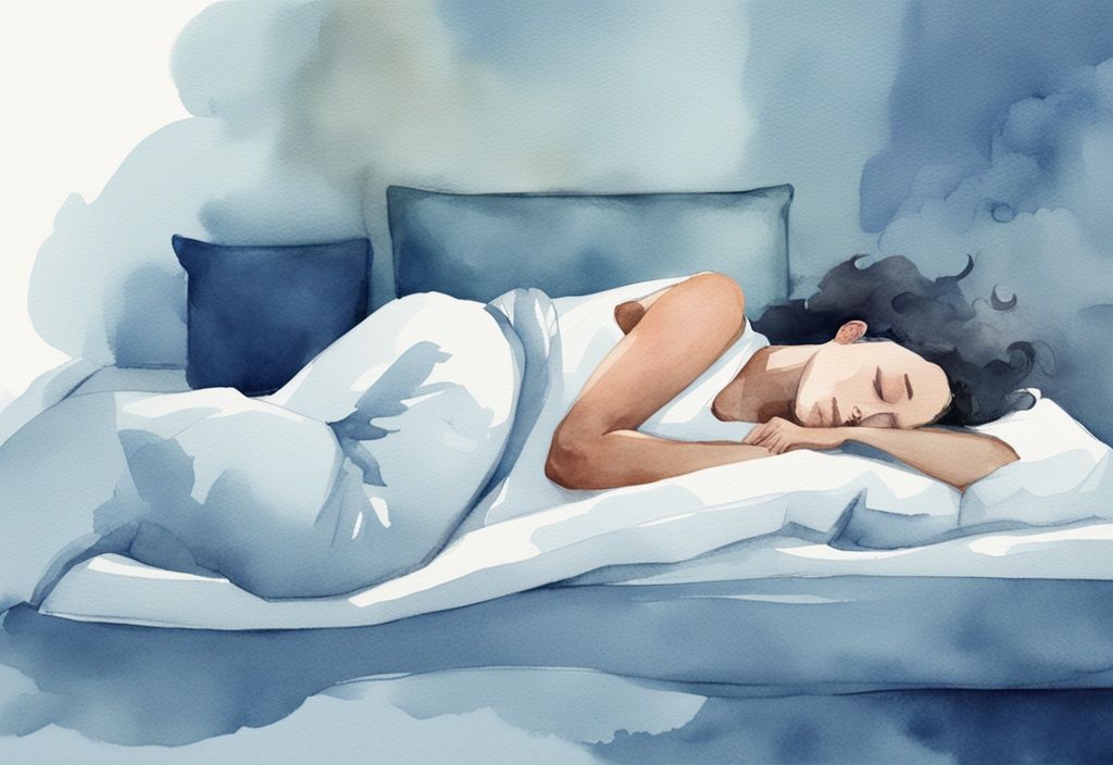 Ilustración moderna en acuarela de una persona durmiendo de lado con la boca cerrada, usando una almohada especial; cómo dormir con la boca cerrada.