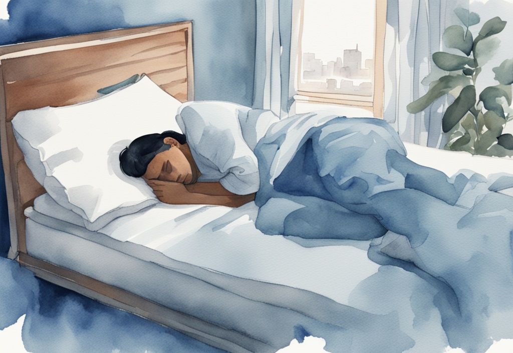 Ilustración moderna en acuarela de una persona con bronquiectasias durmiendo en posición elevada con varias almohadas de apoyo, tema principal azul.