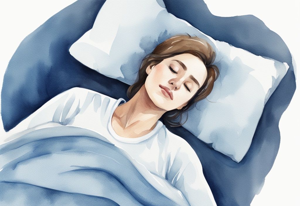 Ilustración moderna en acuarela de una persona durmiendo plácidamente con una almohada ortopédica que alinea la columna cervical, en tonos azules.