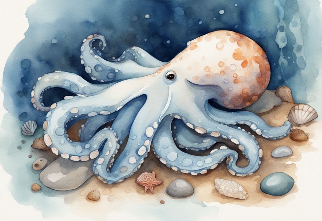 Ilustración en acuarela moderna de un pulpo azul acomodando una concha, una estrella de mar y un guijarro liso en su rincón submarino para dormir, mostrando lo que toma el pulpo para dormir.