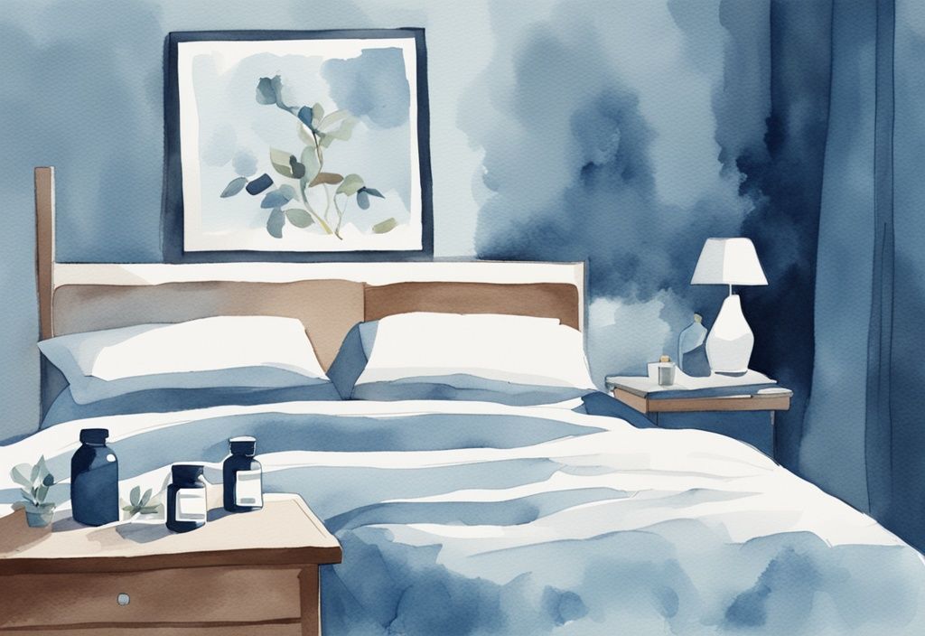 Ilustración moderna en acuarela de un dormitorio sereno con temática azul, cápsulas de ashwagandha en la mesita de noche y una persona durmiendo pacíficamente.