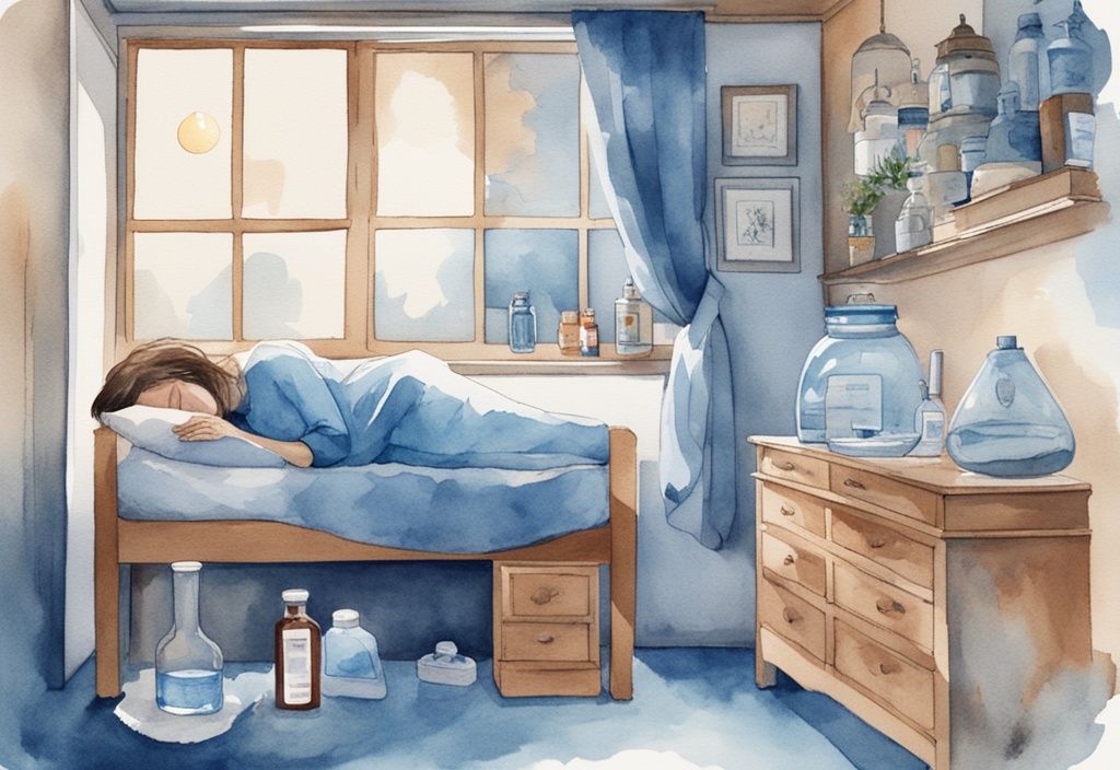 Ilustración moderna en acuarela de una persona durmiendo en una habitación bien ventilada con humidificador, vaso de agua y jarabe para la tos, mostrando cómo dormir para no toser.