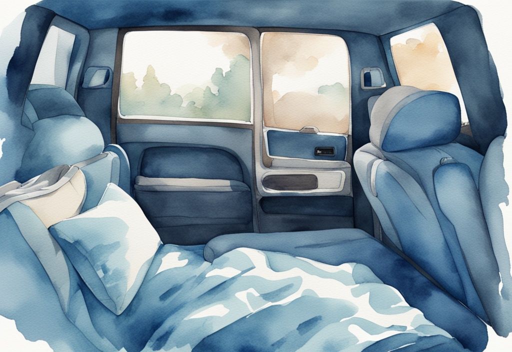 Ilustración moderna en acuarela de un asiento trasero de coche con almohadas de viaje, mantas y una persona durmiendo cómodamente, mostrando cómo dormir en el coche.