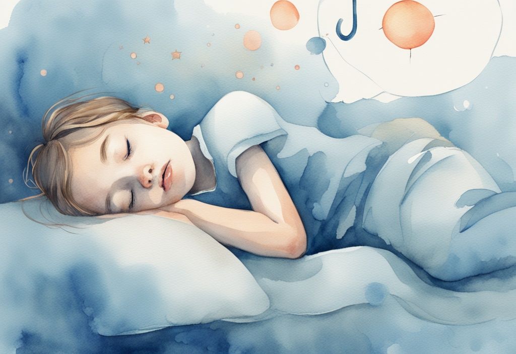 Ilustración moderna de acuarela en tonos azules de un niño durmiendo con una burbuja de sueño que muestra cuántas horas tiene que dormir un niño.