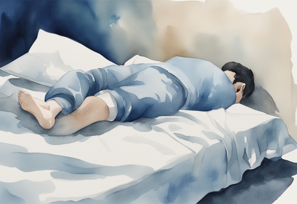 Ilustración moderna en acuarela de una persona durmiendo boca arriba con un cojín bajo el tobillo lesionado para elevarlo, cómo dormir con un esguince de tobillo.